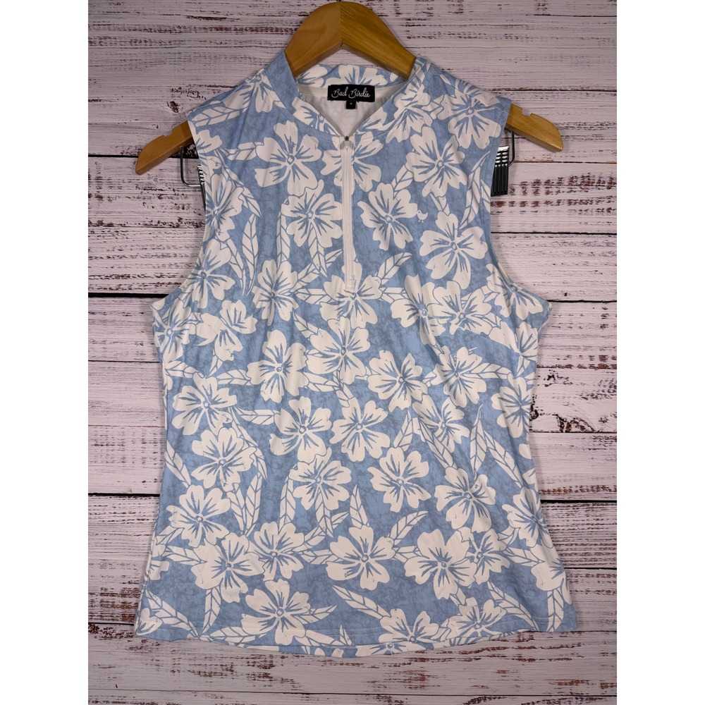 Bad Birdie Sleeveless Blade Polo Women Medium Blue Floral Quarter Zip Golf Top
